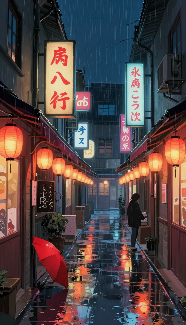 anime style rainy night alley lined with glowing shop signs and paper lanterns, a red umbrella left by a doorway, vibrant cel shading