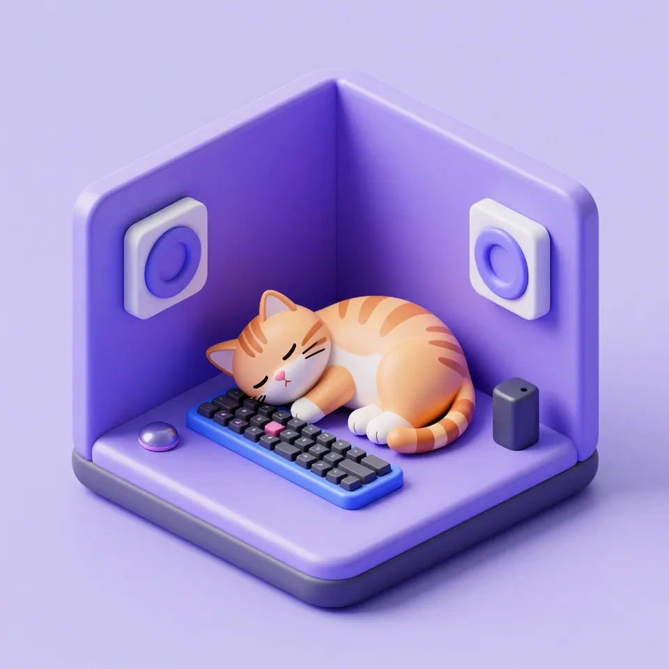 isometric 3D render of a cozy gaming room, a cat asleep on the keyboard, soft studio lighting, glossy materials