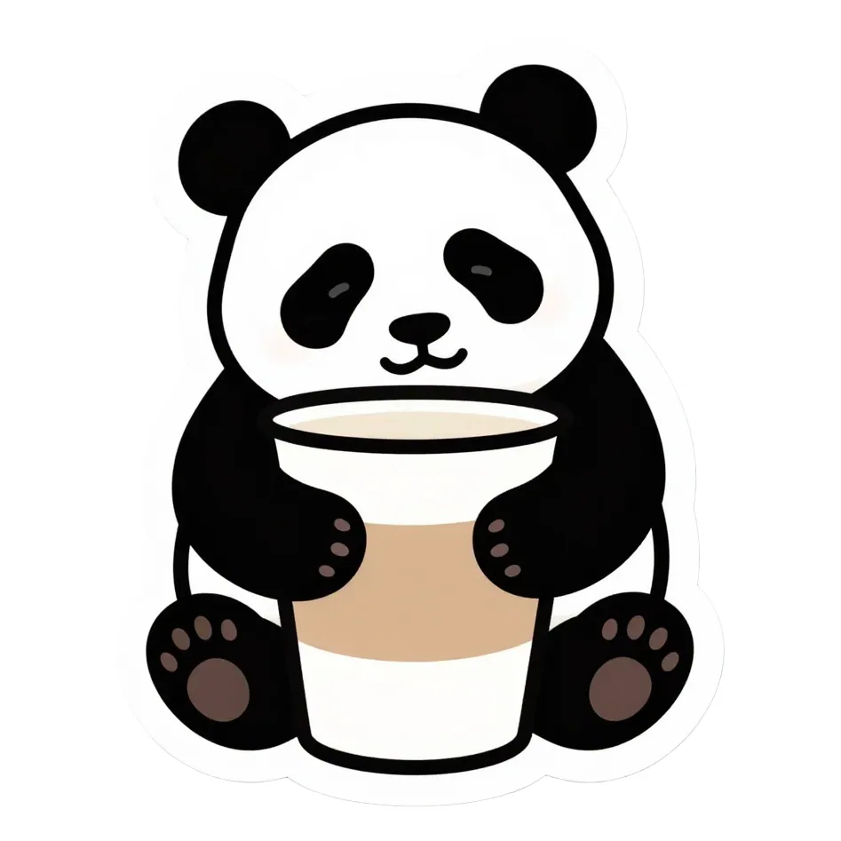 a sleepy panda hugging a giant coffee cup