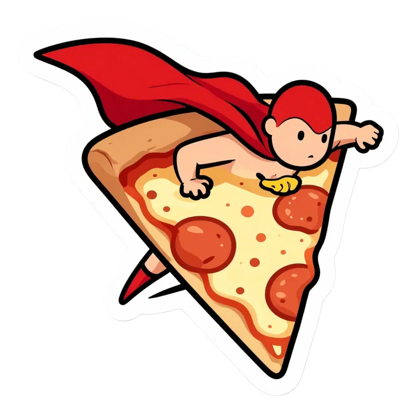 a slice of pizza wearing a red superhero cape, flying