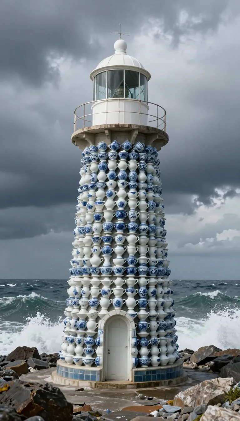 a lighthouse built from stacked porcelain teacups on a stormy coast, surreal photography, dramatic clouds